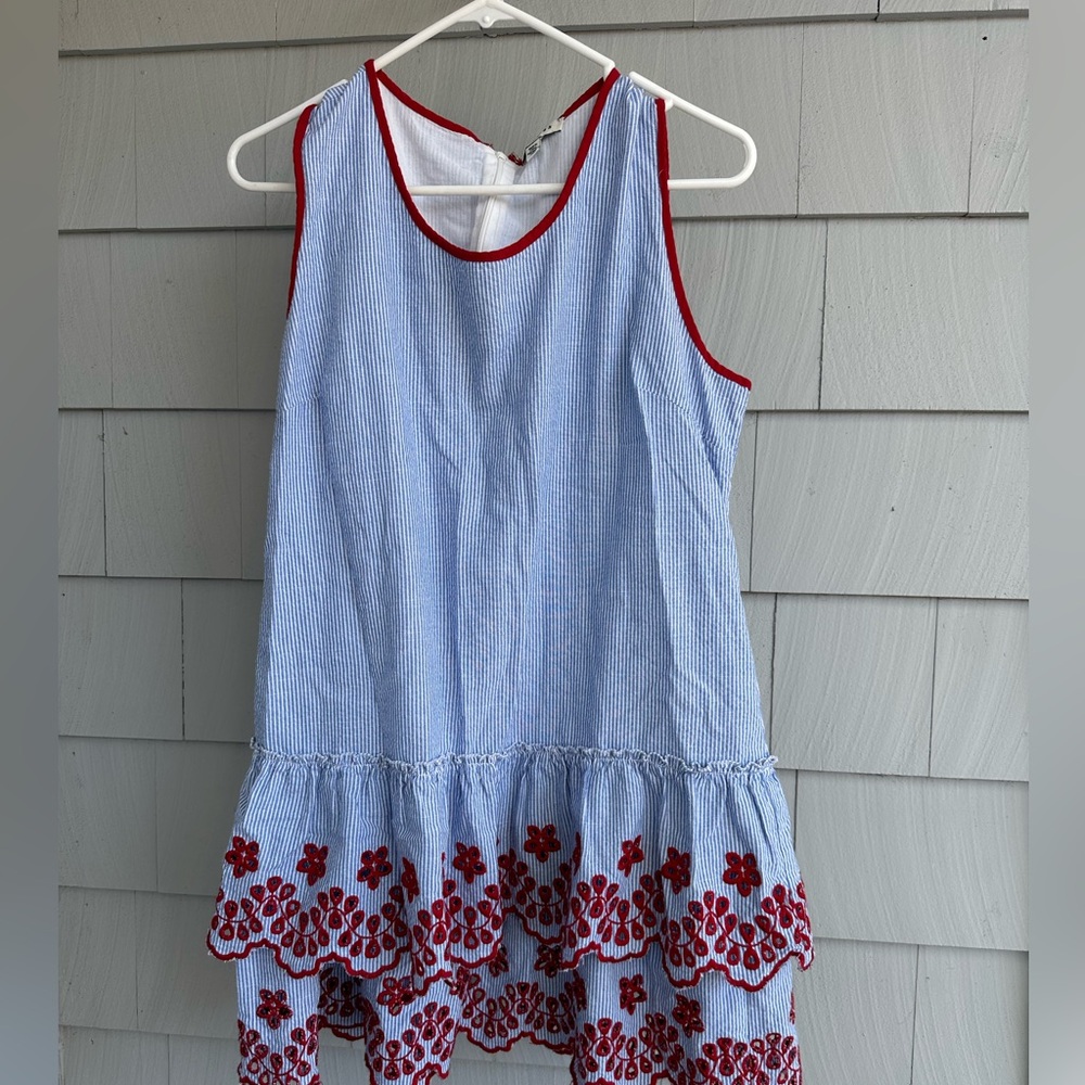 Stellah Blue White Red Stripe‎ Embroidered Relaxed Fit Tiered Dress Size Medium